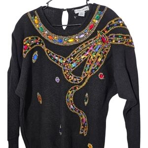 Victoria Harbour Ribbon Embellished Knit Long Sleeve Black Sweater Med